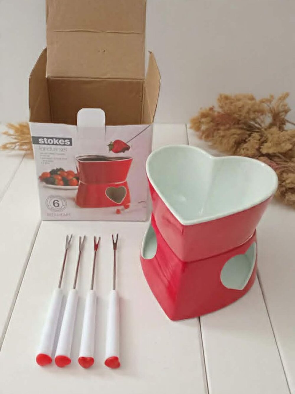Stokes Red-Heart 6-Piece Porcelain Fondue Set with Box